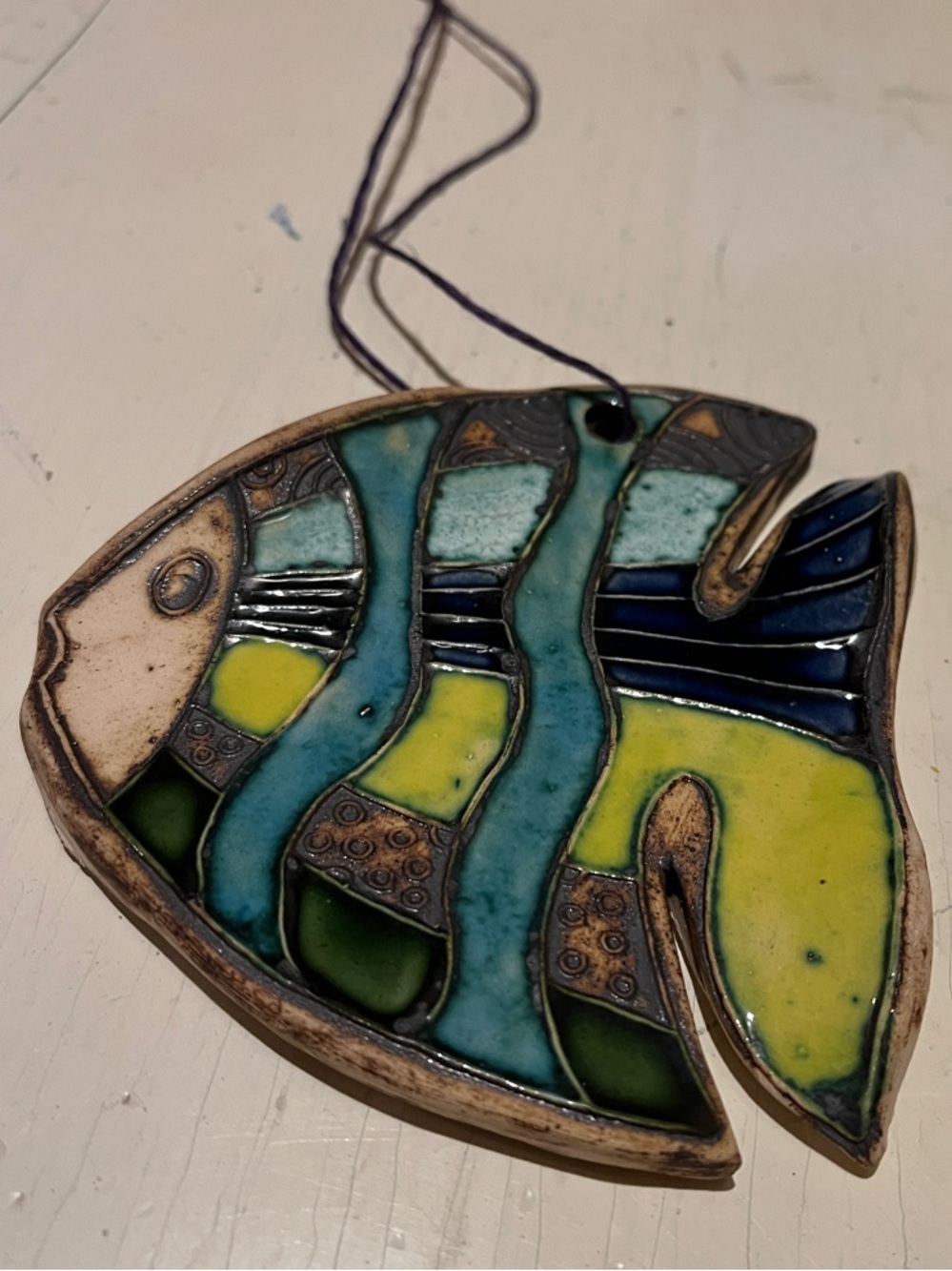 Handcrafted Ceramic Fish Ornament - Blue, Green & Yellow